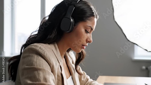 Young professional woman wearing headphones concentrates on her work.