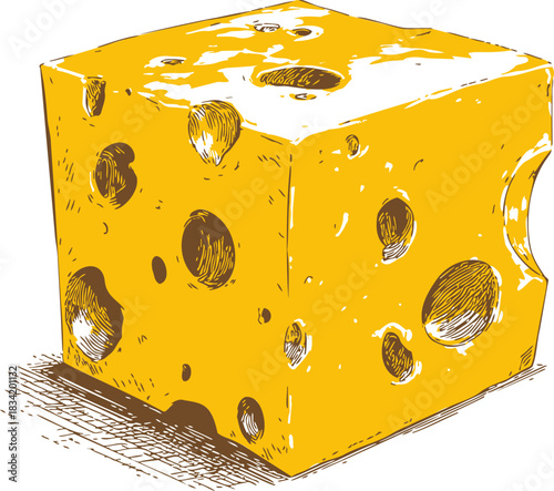 Swiss cheese block sketch, hand drawn vector, detailed wedge with holes. Vector illustration