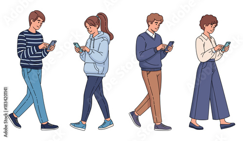 Young caucasian teens using smartphones: casual fashion and technology interaction