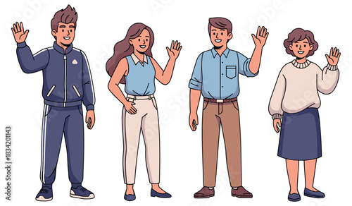 Diverse group of smiling cartoon characters waving