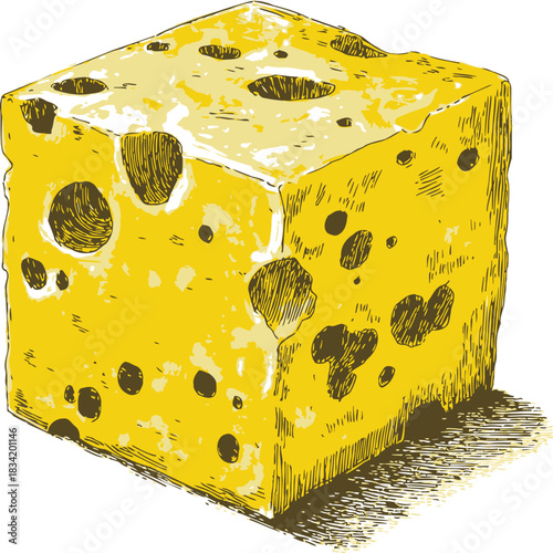 Swiss cheese sketch, hand drawn block with characteristic holes. Vector illustration