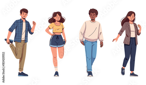 Diverse young adults in casual outfits walking and posing