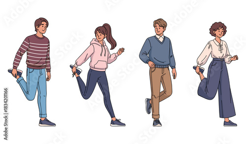 Diverse group of young adults warming up with stretching exercises