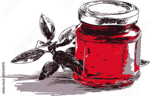 Red jam jar sketch with leafy branch, hand drawn rustic style. Vector illustration