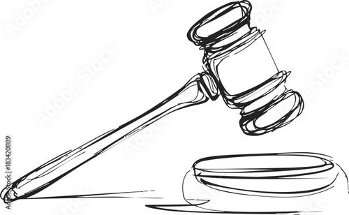 Gavel sketch hand drawn with sound block, judicial symbol, isolated. Vector illustration