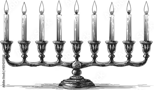 Menorah sketch, hand drawn Jewish candelabrum with nine lit candles. Vector illustration