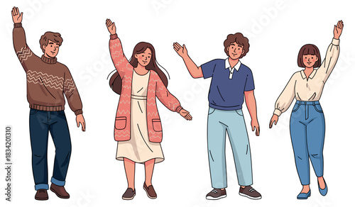 Diverse group of young adults waving with smiles and friendly gestures