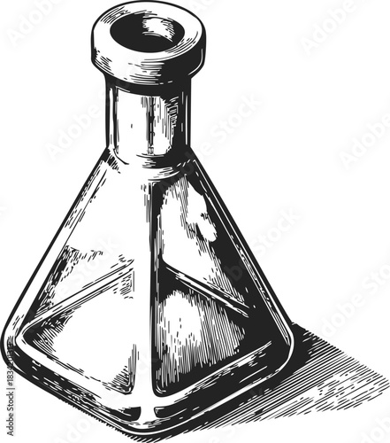 Erlenmeyer flask sketch hand drawn laboratory glassware with conical body and narrow neck. Vector illustration
