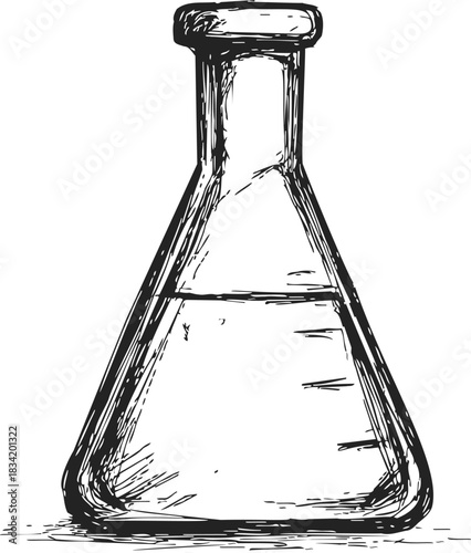 Erlenmeyer flask sketch, hand drawn laboratory glassware with liquid. Vector illustration