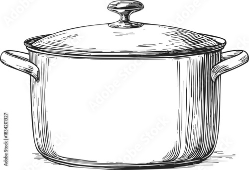 Stock pot sketch, hand drawn cookware with lid and handles. Vector illustration