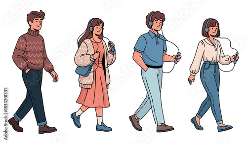 Young diverse individuals enjoying music on headphones