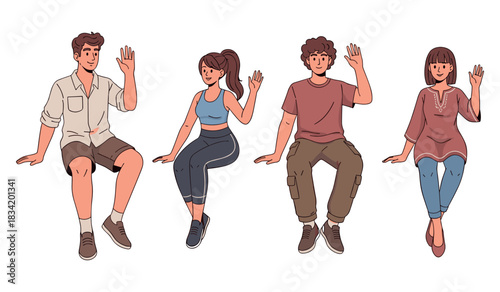 Group of diverse young adults sitting and waving illustration