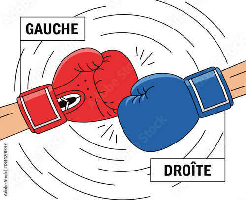 Political Ideologies Clash: Red Left (Gauche) and Blue Right (Droite) Boxing Gloves Locked in Fierce Debate, Symbolizing Election Rivalry and Governmental Conflict.