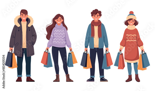 Young diverse friends shopping with bags in warm winter clothing