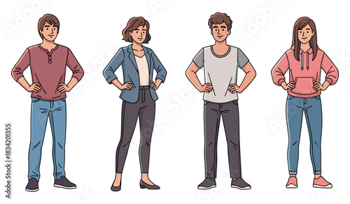 Diverse group of young adults standing confidently with hands on hips