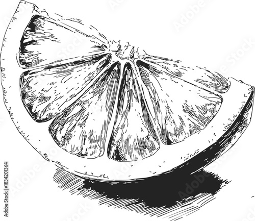 Lemon slice sketch hand drawn with detailed pulp and rind texture. Vector illustration