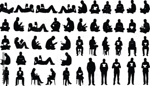 Large Collection of People Silhouettes Reading, Studying, and Relaxing: Sitting, Standing, Lying Down Figures with Books and Tablets for Education and Leisure.