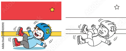 Cartoon boy falling on ice skates vector illustration. Coloring book page for kids showing colored and outline versions of a happy child sliding and laughing on the rink wearing a helmet.