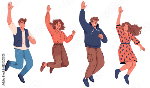 Diverse group of young adults jumping with joy and raised hands