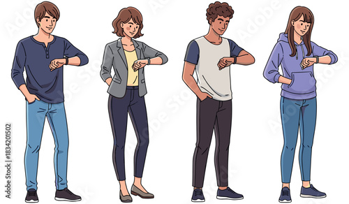 Diverse group of young individuals checking time on smartwatches