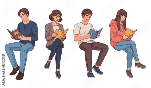 Diverse group of young adults reading books together