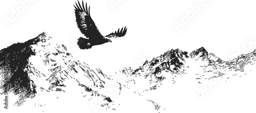 Eagle flying over mountain landscape, sketch hand drawn, dramatic wilderness scene. Vector illustration