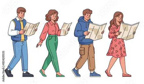 Diverse group of young adults reading maps together