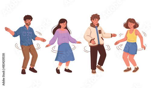 Diverse group of young adults dancing happily in casual outfits