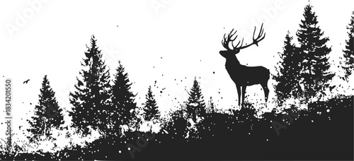 Deer silhouette sketch, hand drawn style with pine trees and forest landscape. Vector illustration