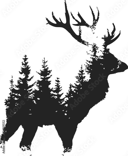 Deer silhouette sketch with pine trees double exposure effect. Vector illustration