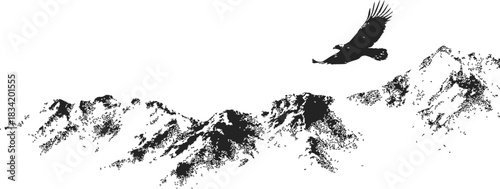 Eagle sketch flying above mountain range, hand drawn black and white landscape. Vector illustration