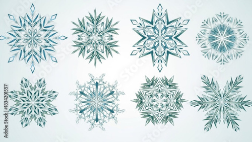 Collection of eight unique intricate snowflake designs in shades of blue and green presented on a clean white background perfect for winter themes and holiday decorations
