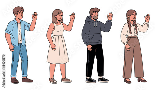 Group of diverse young adults waving in casual attire