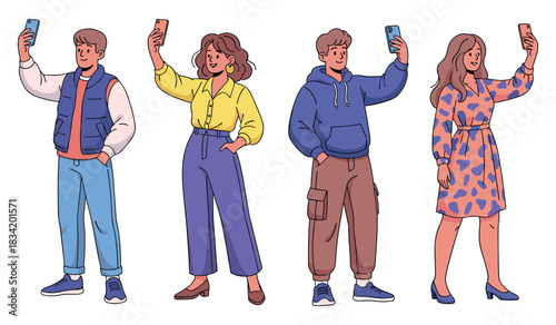 Diverse young adults taking selfies with smartphones