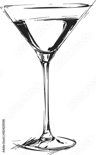 Martini glass sketch hand drawn with elegant long stem and wide bowl. Vector illustration