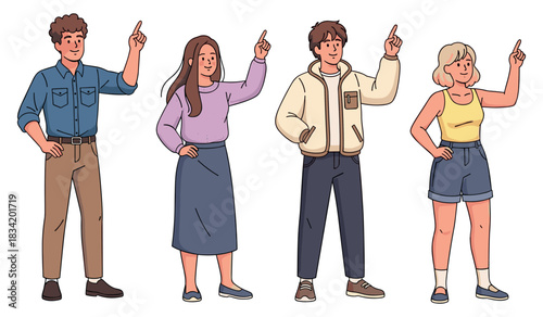 Diverse group of animated young adults pointing upward in casual outfits