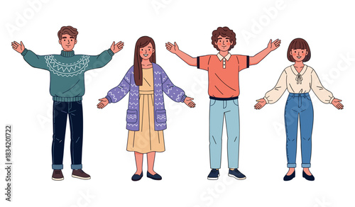 Diverse group of young adults with open arms in casual attire