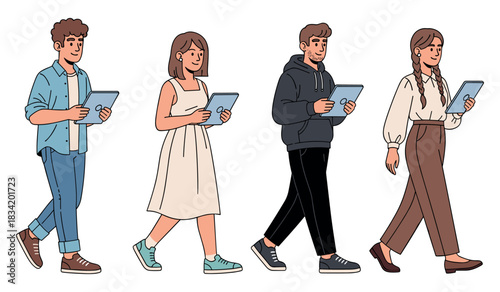 Diverse young adults walking with tablets