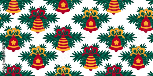 Seamless Christmas pattern with yellow and red bells, pine branches, and festive accents on clean white background. Perfect for textile design and holiday prints