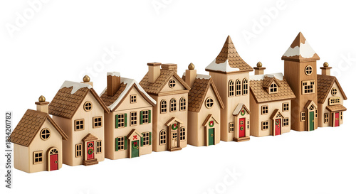 Fototapeta Naklejka Na Ścianę i Meble -  Charming row of miniature snow-dusted houses evokes a cozy winter village scene.