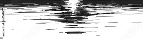 Sunset over water sketch, hand drawn black and white abstract landscape. Vector illustration