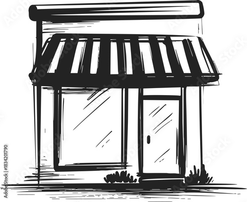 Storefront sketch hand drawn with striped awning and glass door. Vector illustration