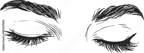 Closed eyes sketch hand drawn with long eyelashes and bold eyebrows. Vector illustration