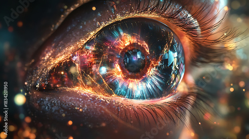 Close-up of a human eye transformed into a multicolored digital lens 
