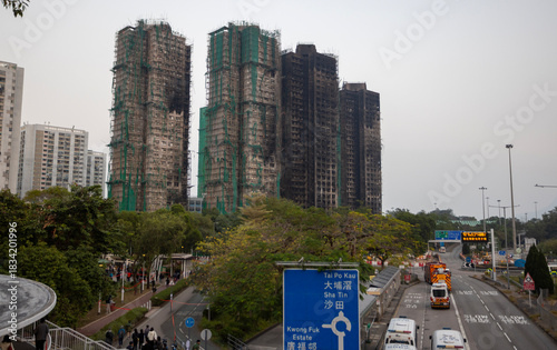 Photography ruins of building after the fatal blaze in Tai Po, Hong Kong, remain of accident