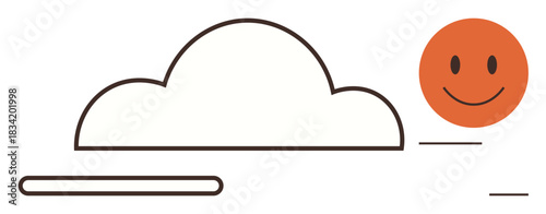 Cloud with soft outlines next to a smiling sun in flat design. Ideal for happiness, optimism, weather, positivity, nature, simplicity, childhood. A minimal and simple flat metaphor