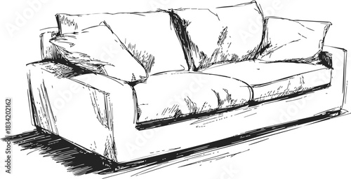 Sofa sketch hand drawn with cushions and shadow details. Vector illustration