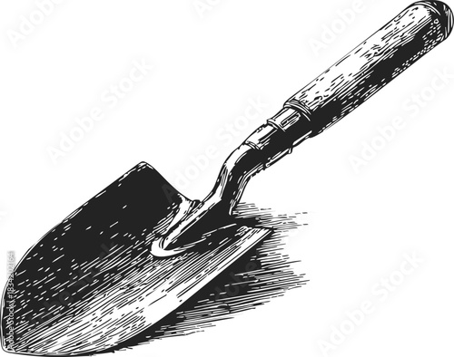 Garden trowel sketch hand drawn tool with wooden handle and metal blade. Vector illustration