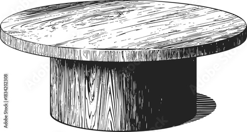 Round dining table sketch, hand drawn wood texture, modern pedestal base. Vector illustration