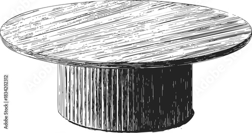 Round dining table sketch, hand drawn wood texture, modern pedestal base. Vector illustration